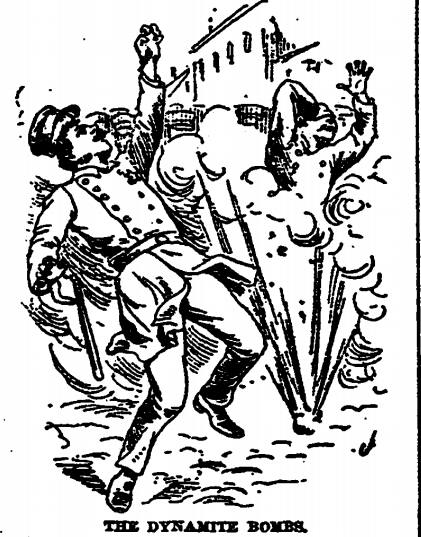 Mustavalkoinen historiallinen piirros Chicagon Haymarket-aukion tapahtumista vuonna 1886. Kuvassa poliisirivistö rynnistää mielenosoittajien joukkoon samalla hetkellä, kun suuri ja kirkas räjähdys (pommi) leimahtaa poliisien edessä. Väkijoukko pakenee paikalta sekasorron keskellä.
