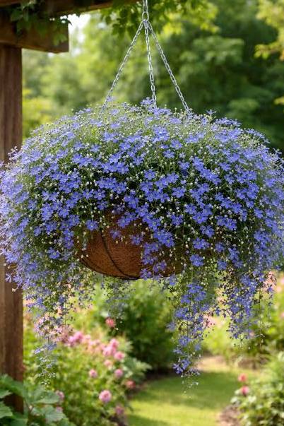 Blue Cascade riippulobelia. Upeasti riippuva ja upean sininen väri. Kukka on amppelissa.