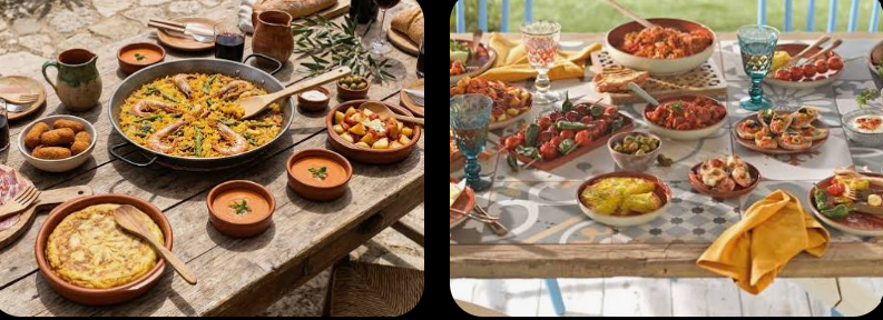 Paellaa ja tapaksia pikku lautasissa. Viinisadonkorjuun juhla Espanjassa on herkkujen aikaa.
